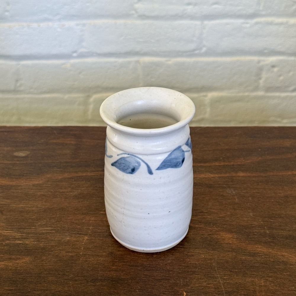 Mary Studio Pottery Bud Vase Hand Painted Blue Leaf White Stoneware Signed
